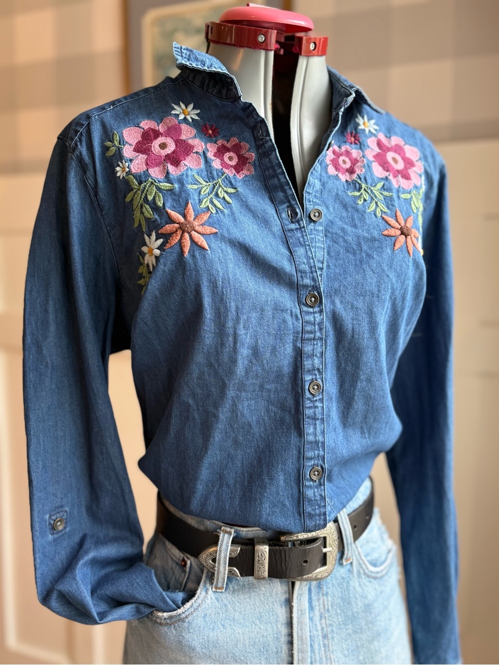 Northern Reflections Denim Button-Down Shirt with Pink Floral Embroidery Large